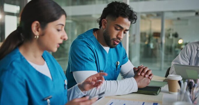 Conversation, documents and medical with nurse people in hospital together for feedback or review. Discussion, paperwork and planning with healthcare students in clinic for internship or residency