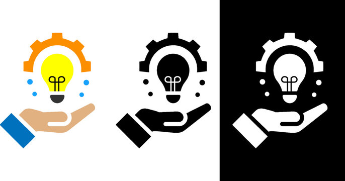 Minimalist flat design innovation solution idea development icon with hand, lightbulb, gear, colorful and black and white version