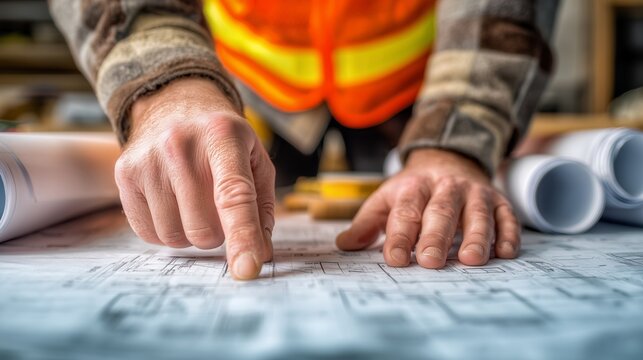 Close-up of construction worker hands pointing at blueprint on the table, concept for architecture planning, structural engineering and building development