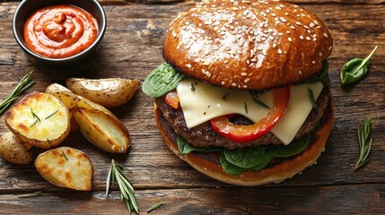 Premium bison burger with melted cheese fresh spinach roasted red peppers artisan seeded bun herb roasted potatoes rustic wooden background gourmet dining