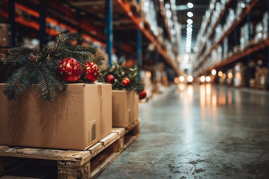 Boxes with Christmas decorations on a pallet in a warehouse isle ready for delivery, concept for seasonal shipping, supply chain management and festive promotion