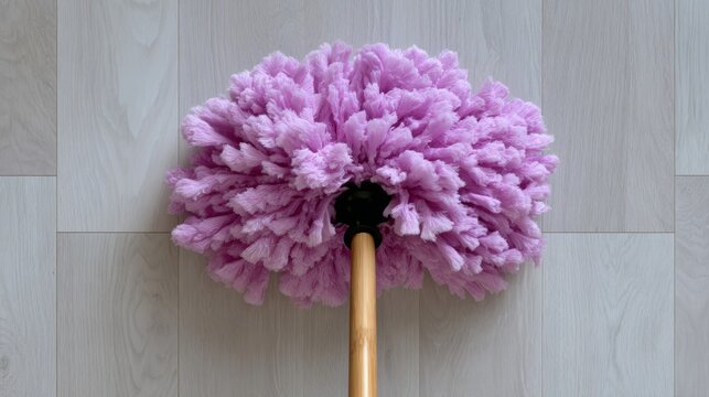 Cleaning tool with fluffy pink duster head resting on light wooden floor, showcasing vibrant color and texture, ideal for home cleaning and maintenance tasks, emphasizing cleanliness and organization
