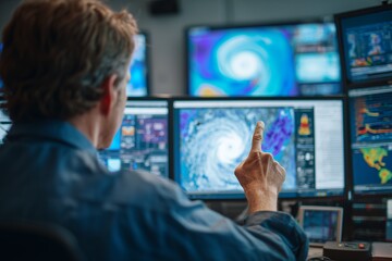 Naklejka premium Man points at a computer screen displaying weather data among multiple monitors in a monitoring center, concept for climate research, disaster response and weather forecasting