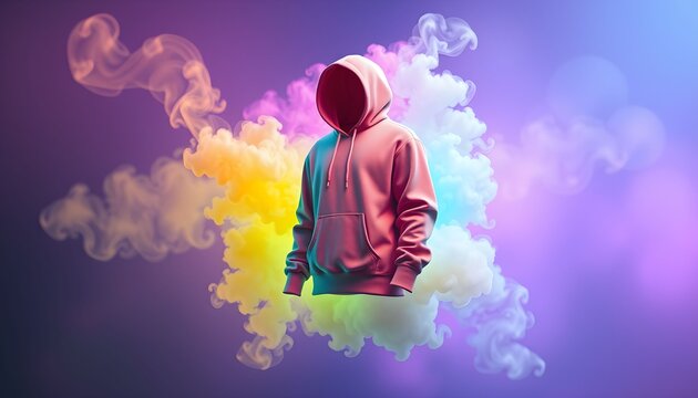 A faceless figure in a pink hoodie amidst colorful smoke and a blurred, vibrant background.