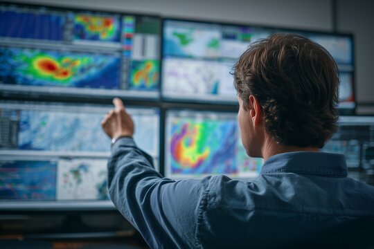 Man pointing to weather data analysis on multiple screens in control room, concept for climate change research, emergency management and scientific monitoring - Powered by Adobe