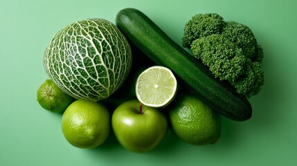 Fototapeta premium Fresh assortment of green vegetables and fruits including zucchini, broccoli, limes, and green apples arranged artistically on a soft green background, showcasing vibrant colors and healthy eating con