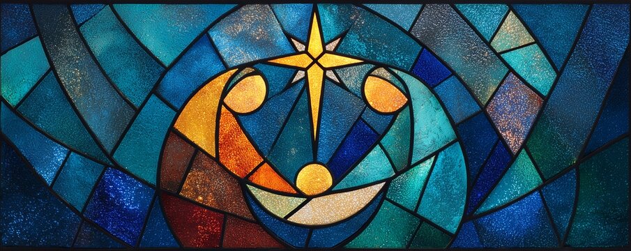 Stylized nativity scene depicted in vibrant, fractured stained glass with star above. Concept for church decorations, religious illustration and festive window art