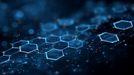 Obraz premium Abstract blue network of interconnected hexagons with glowing edges in a dark setting, concept for future technology, scientific research and data analysis