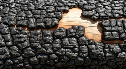 Charred wood texture revealing underlying amber surface
