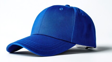 Elegant photo of blue textured baseball cap isolated on white background.