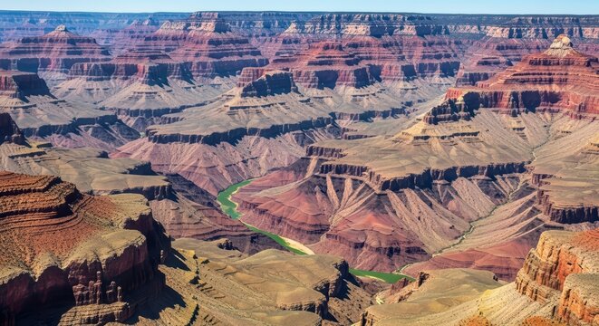 Grand canyon aerial view with colorado river highlighting unique geological formations