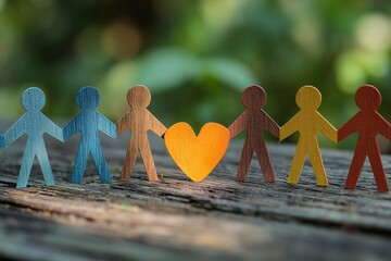 Colorful paper people holding hands with a yellow heart on aged wooden surface, concept for unity advocacy, global community initiatives and social cooperation projects