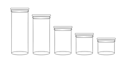 Set of glass jars with lids in various sizes. Minimal line art vector illustration for kitchen storage, pantry organization, and home decor design projects.