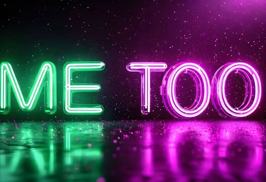 Neon sign displaying the words "ME TOO" in green and pink, reflecting.