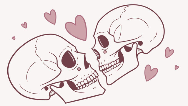 Two skulls facing each other surrounded by pink hearts, creating a romantic and slightly macabre illustration