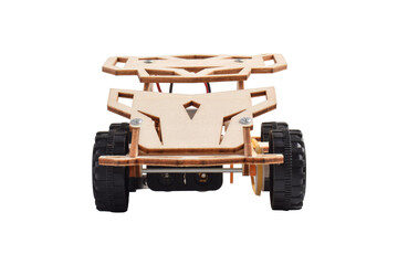 Wooden DIY toy car isolated on white background for education and STEM learning themes.