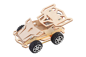 Wooden DIY toy car isolated on white background for education and STEM learning themes.