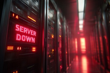 Red LED display saying 'Server Down' in a server room with blurred racks and pathway, concept for system failure, cyber attack and network maintenance