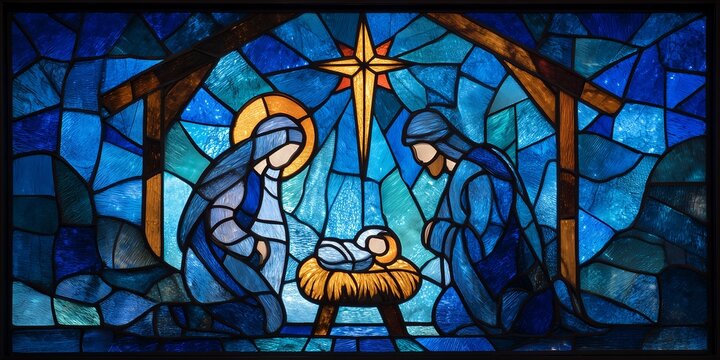 Stained glass art depicting the Nativity scene with Mary, Joseph and baby Jesus, concept for religious illustration, holiday season greeting cards and church decoration - Powered by Adobe