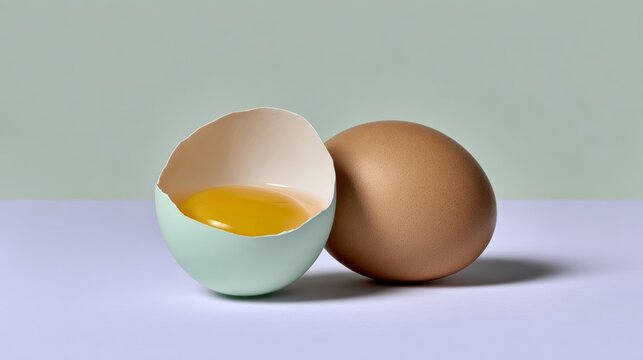 Fresh eggshell with cracked green shell revealing bright yellow yolk beside a smooth brown egg on a minimalist surface, showcasing natural textures and colors in a serene composition