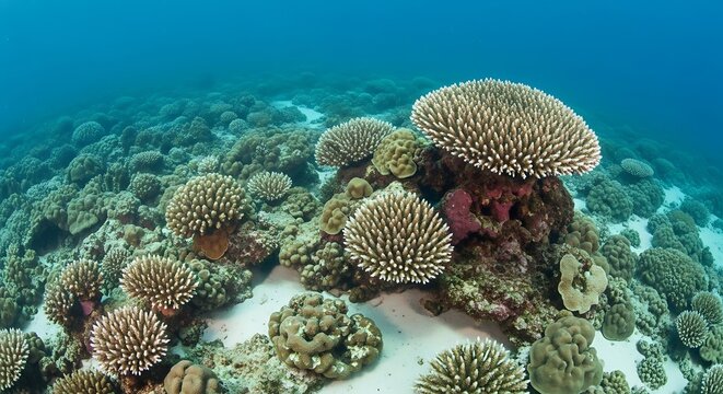 Underwater coral reef ecosystem with diverse marine life and vibrant colors.