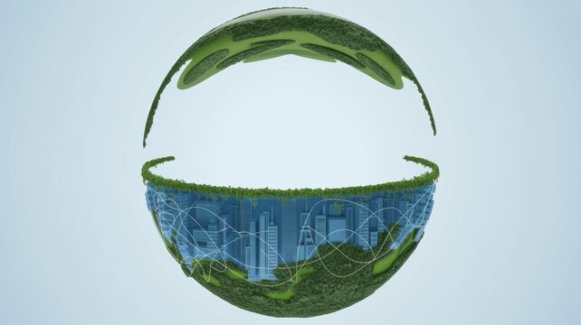 A conceptual image of a divided globe showing city and nature with connecting network lines