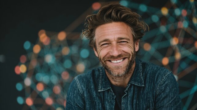 Capturing joy: the essence of a fashionable lifestyle exuded with ease. Connected systems. The idealistic persona: an elegant portrait in denim's simplicity. Data network. Digital network.