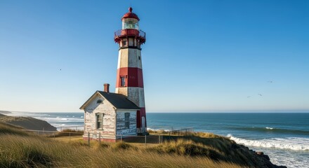 Naklejka premium Historic red and white lighthouse overlooking ocean on sunny day