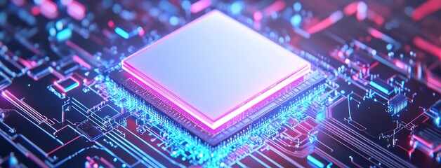 Detailed close-up of an electronic chip illuminated on a circuit board showcasing innovative technology in modern computing