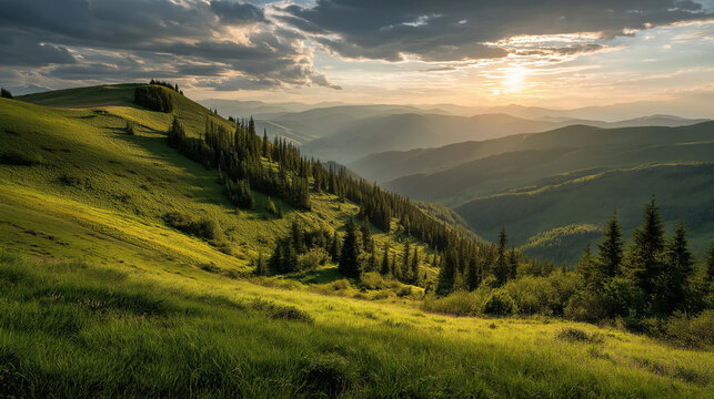 Sunlight filters through clouds over a verdant mountain range, highlighting a steep grassy slope dotted with evergreen trees and deep valleys