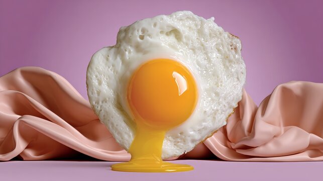 Fried egg with vibrant yolk resting on soft pink fabric, showcasing the glossy texture of the egg white and yolk, creating a visually appealing food composition with artistic flair