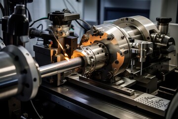 Laser cutting machine processing metal detail at modern industrial factory