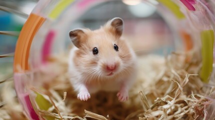 Hamster plays in colorful tunnel surrounded by bedding straw at pet shop