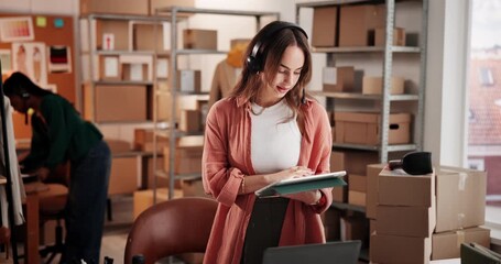 Woman, consultant and logistics with tablet in online boutique store for customer service. Female person, agent or talking with headset for supply chain, virtual assistance or small business startup