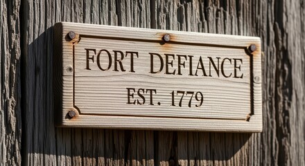 Historic fort defiance sign on weathered wood established in 1779