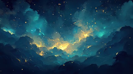 Fototapeta premium Dreamy celestial clouds illuminated by golden starlight create a breathtaking, magical night sky vista