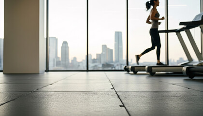 studio gym background woman running treadmill city view gym