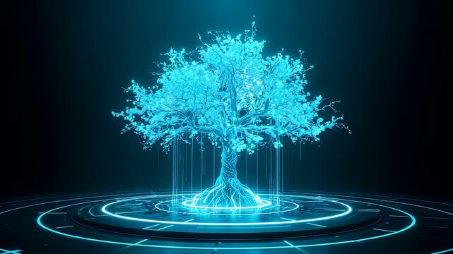 Glowing cyan digital tree on illuminated circular platform against dark cosmic background