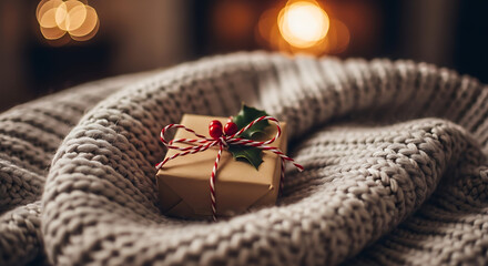 Cozy christmas gift wrapped in kraft paper with twine and holly berry accent