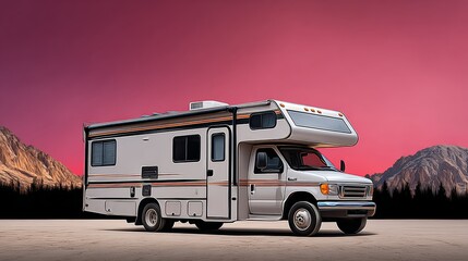 Recreational vehicle parked on a scenic landscape with mountains in the background, showcasing the beauty of outdoor travel and adventure, perfect for road trip enthusiasts and camping lovers