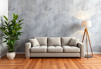 A modern living room featuring a neutral-toned sofa, a floor lamp, and a potted plant.