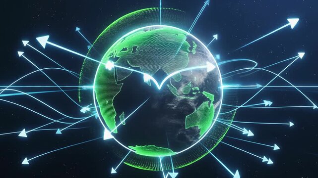 Glowing green earth globe connected by glowing blue lines and arrows symbolizing global network and data transfer in dark digital space. - Powered by Adobe