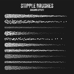 Ink scatter brush, stipple drawing and texturing. Fading gradient. Stippling, dotwork drawing, shading using dots. Halftone disintegration effect. White noise grainy texture. Vector illustration