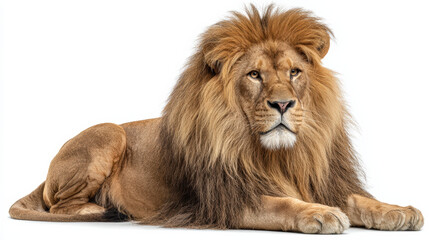 Fototapeta premium Majestic male lion animal, powerful Panthera leo predator with beautiful mane, sitting calmly. wildlife feline cat isolated on white