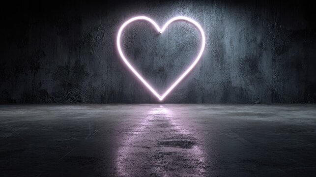 Neon heart sign glowing on a dark wall in an empty space - Powered by Adobe