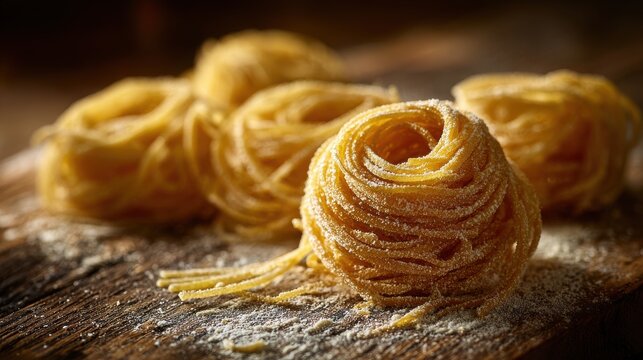 Elegant photo of close up of uncooked pasta nests dusted with flour on a wooden surface.