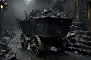 Old wooden cart full of coal standing in a dark alley of an old industrial town