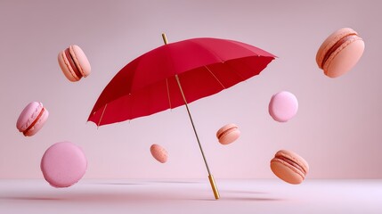 Red umbrella surrounded by floating pink macarons, creating a whimsical and playful atmosphere, showcasing a delightful dessert theme with vibrant colors and an inviting composition for culinary inspi