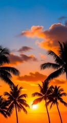 Obraz premium Stunning tropical sunset with silhouette of palm trees on a vibrant sky