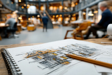 Architectural Sketch A Close-Up of Hand-Drawn Design in a Creative Workspace